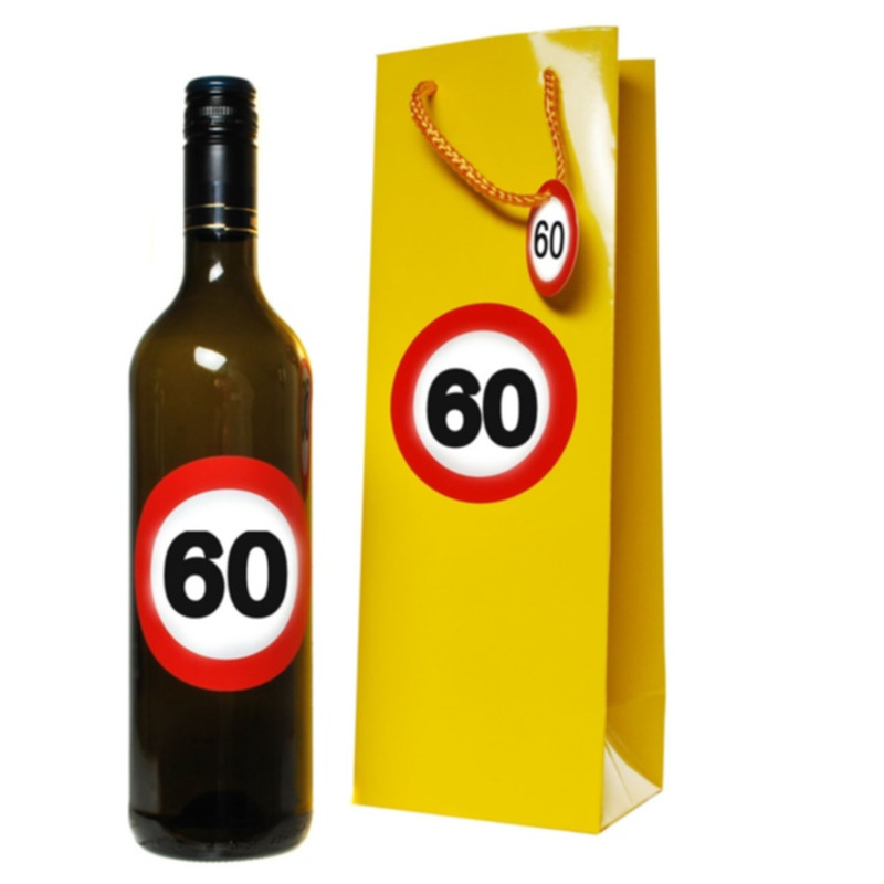 Udo Schmidt Flaschen-Tasche 60 mit 2 Aufklebern stabile Geschenktasche aus Pappe zum 60 Geburtstag Lieferung ohne Flasche